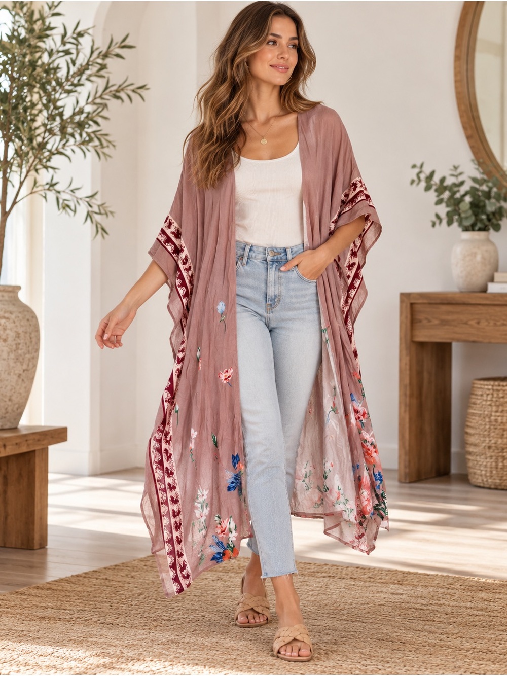 Nalini One Size Mauve Floral Kimono Duster Boho NWT